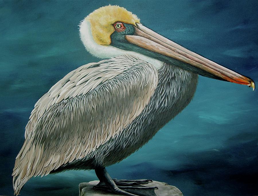 Pelican On Piling Painting by Karen Hetzer