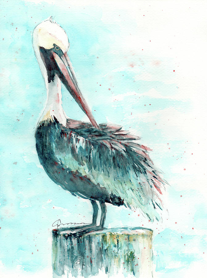 Pelican on Post Painting by Claudia Hafner