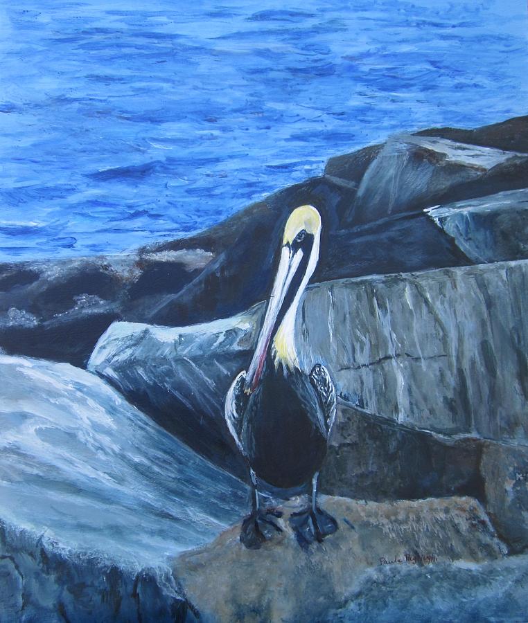 Pelican On The Rocks Painting by Paula Pagliughi