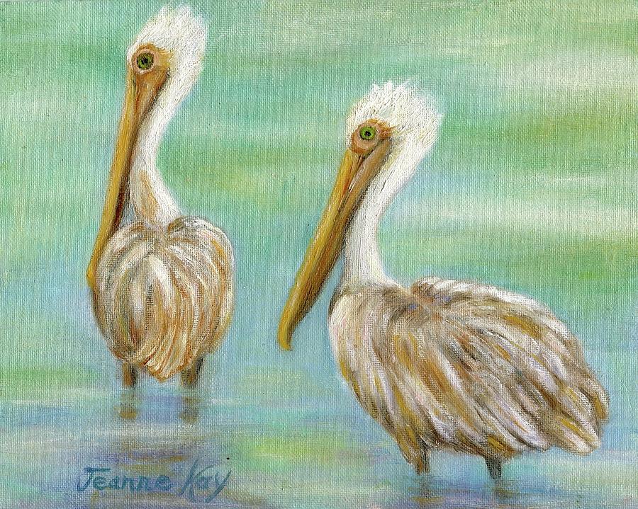 Pelican Pair Wading  Painting by Jeanne Juhos