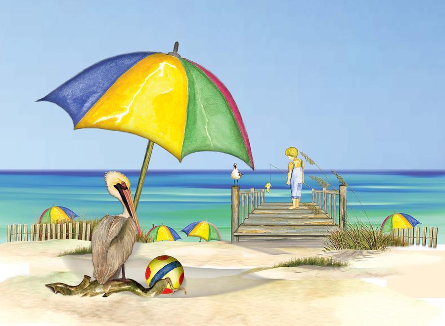 Pelican under Umbrella Painting by Anne Beverley-Stamps