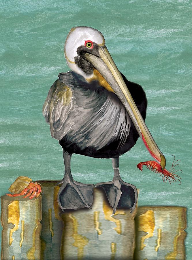 Pelican with Shrimp Painting by Anne Beverley-Stamps
