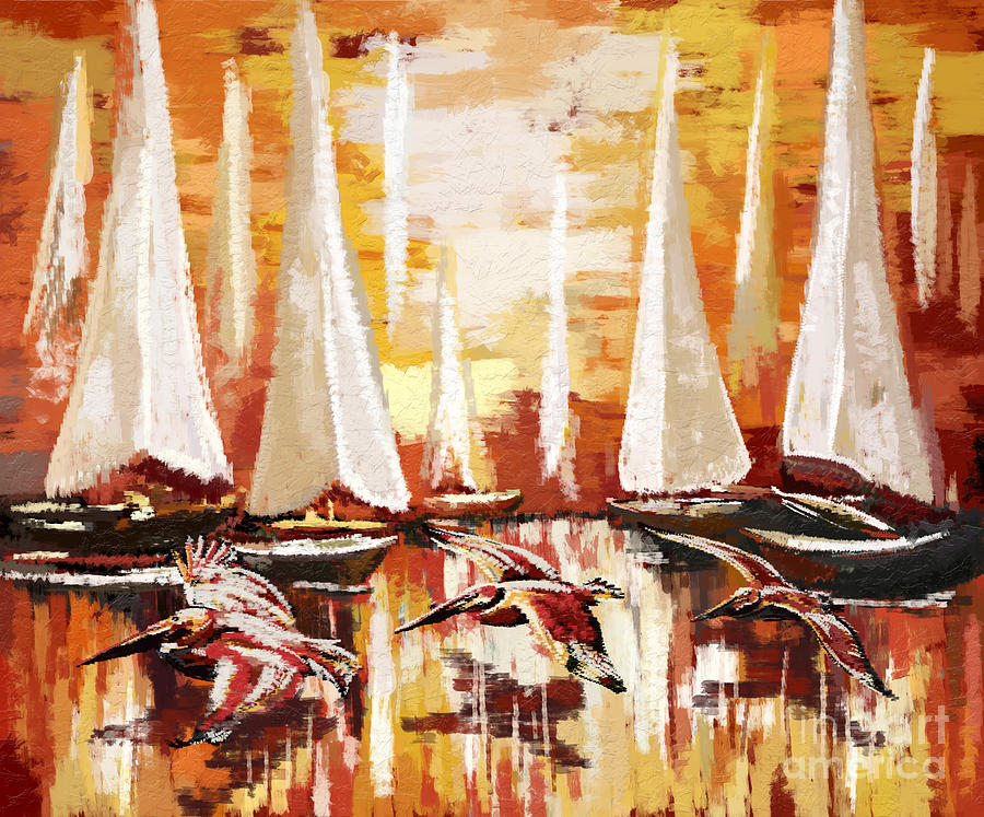 Pelicans and Sailboats Painting by Tim Gilliland