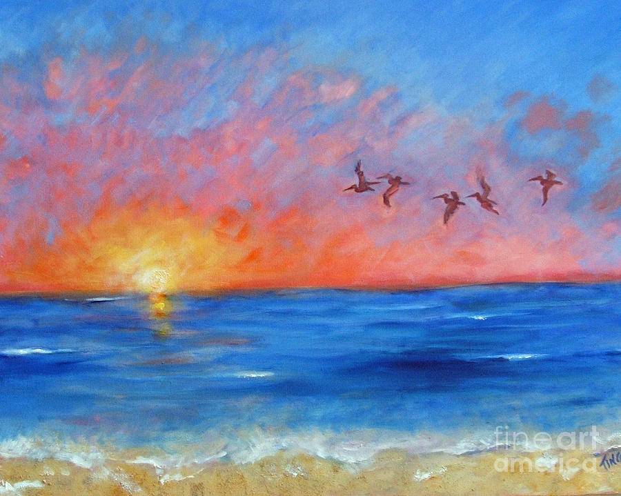 Pelicans at Sunrise Painting by Doris Blessington