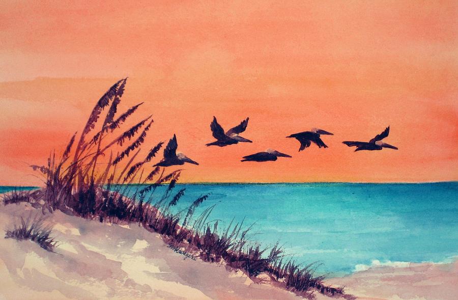 Pelicans Flying Low Painting by Suzanne Krueger