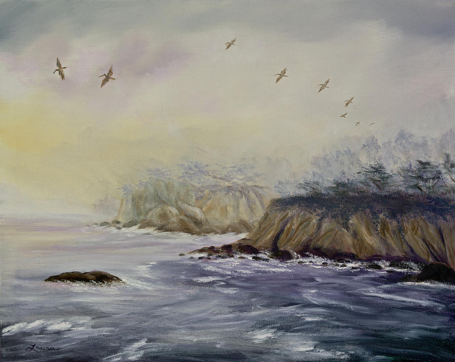 Pelicans on a Misty Morning Painting by Laura Iverson
