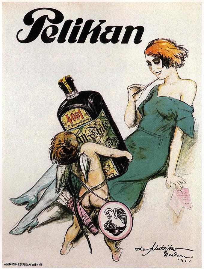 Vintage Mixed Media - Pelikan - Baby Angel with Ink Bottle - Vintage Advertising Poster by Studio Grafiikka