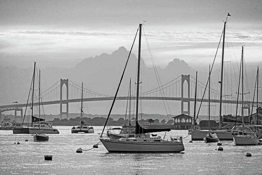 Pell Bridge Newport Harbor Newport RI Rhode Island Purple Sunset Black and White Photograph by Toby McGuire