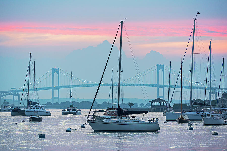 Pell Bridge Newport Harbor Newport RI Rhode Island Purple Sunset Photograph by Toby McGuire