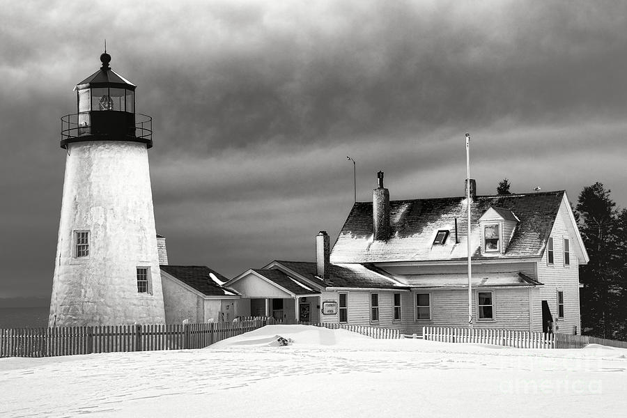 Pemaquid Point Lighthouse and Museum in Winter Monochrome  Photograph by Olivier Le Queinec