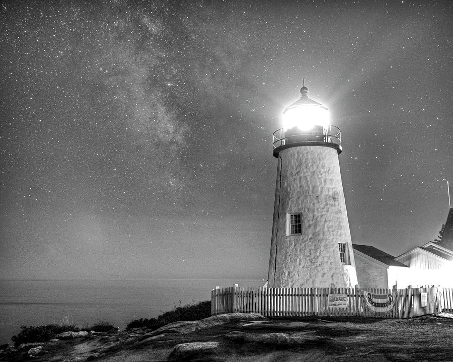 Pemaquid Point Lighthouse Bristol Road Maine Milky Way Black and White Photograph by Toby McGuire