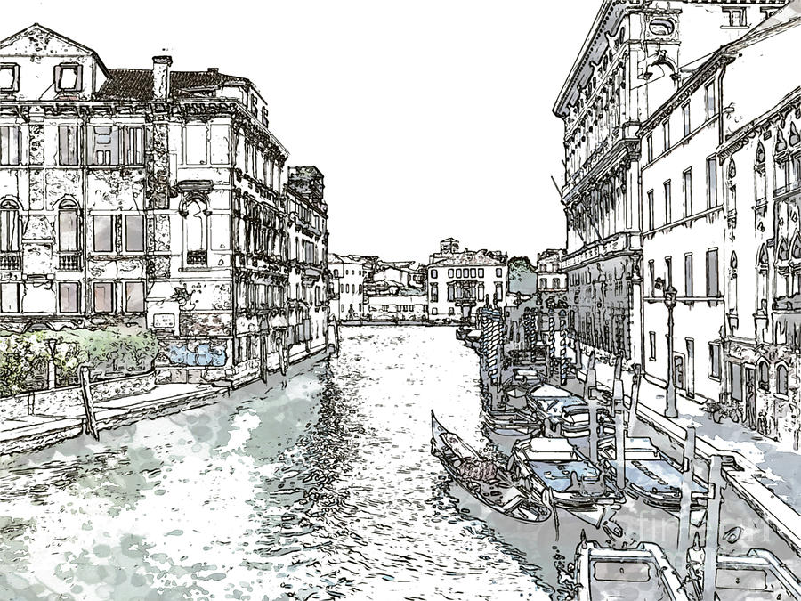 Pen Sketching The City View of Canal and Gondola in Venice, Ita Drawing