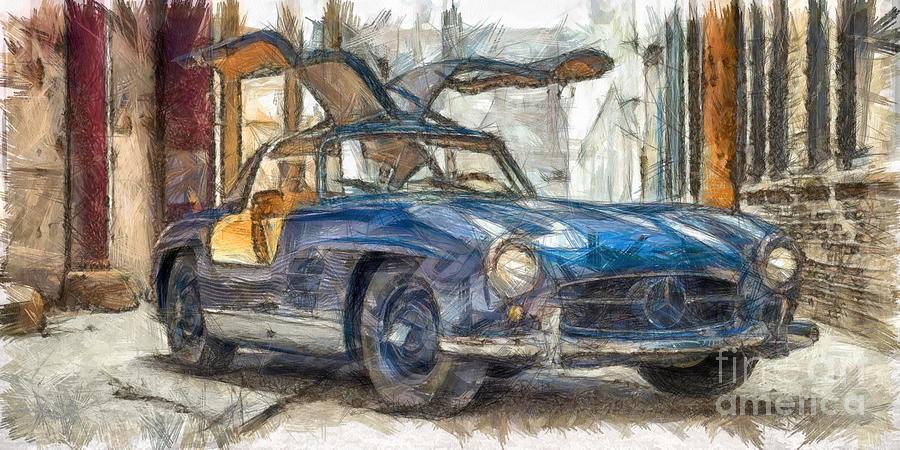 Pencil 1954 Mercedes-Benz-300SL Gullwing Drawing by Edward Fielding