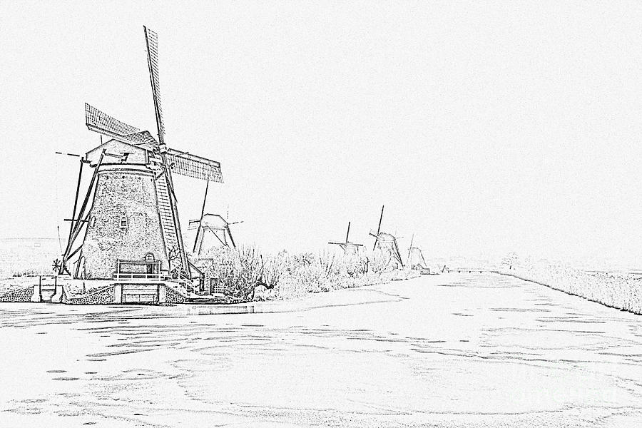 Pencil drawing from traditonal windmills in the countryside from the ...