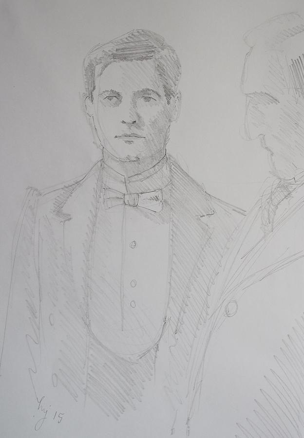 Pencil Drawing of a Butler - white bow tie Drawing by Mike Jory