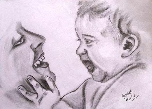 Pencil Sketch Of Baby With Mother - Desi Painters