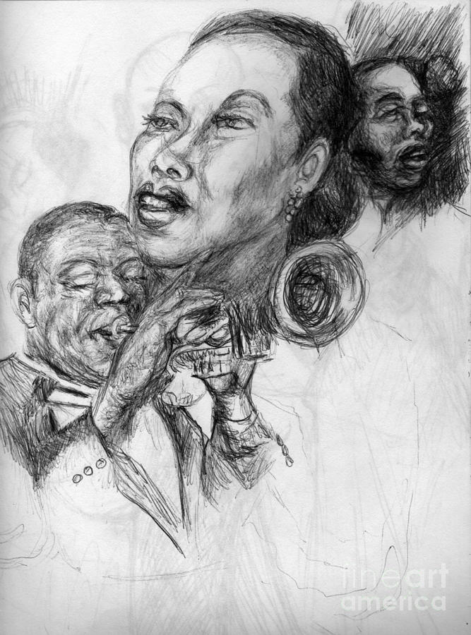 pencil study for Satchmo Lady Day and Nina Simone Drawing by Patrick Mills