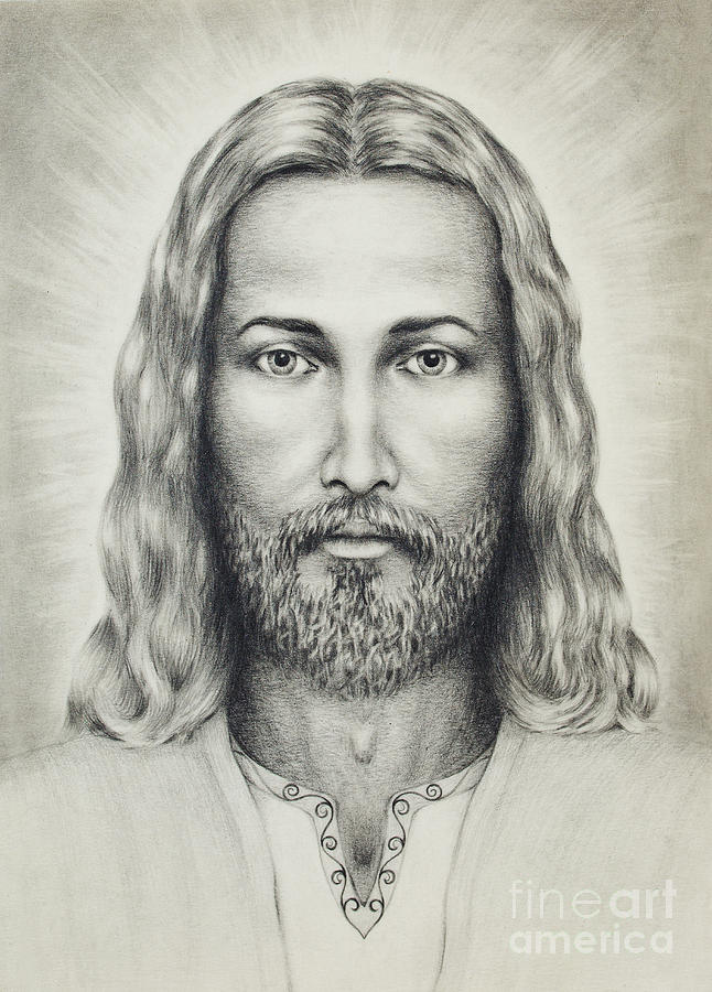 pencils drawing of Jesus on vintage paper, with ornament on clot ...