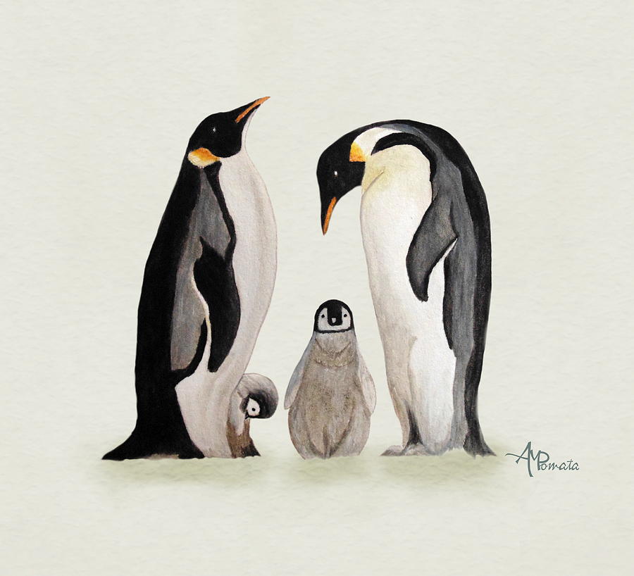 Penguin Family Watercolor Painting by Angeles M Pomata