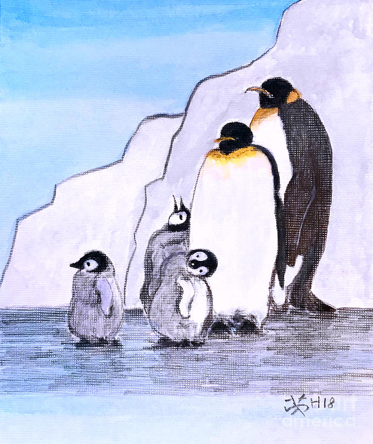 Penguin family  Painting by Wonju Hulse