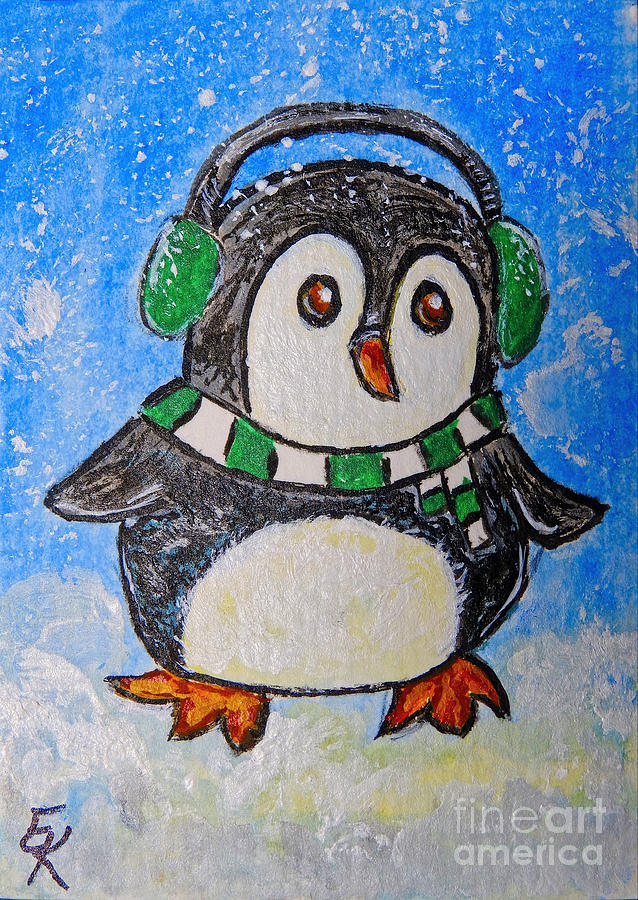 Penguin First Snow Painting by Ella Kaye Dickey