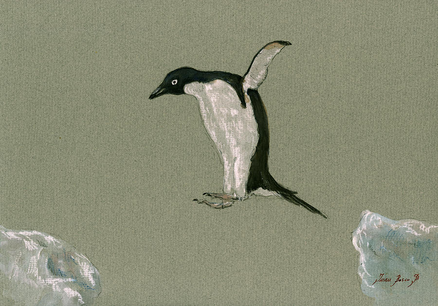 Penguin Watercolor Painting - Penguin jumping by Juan  Bosco