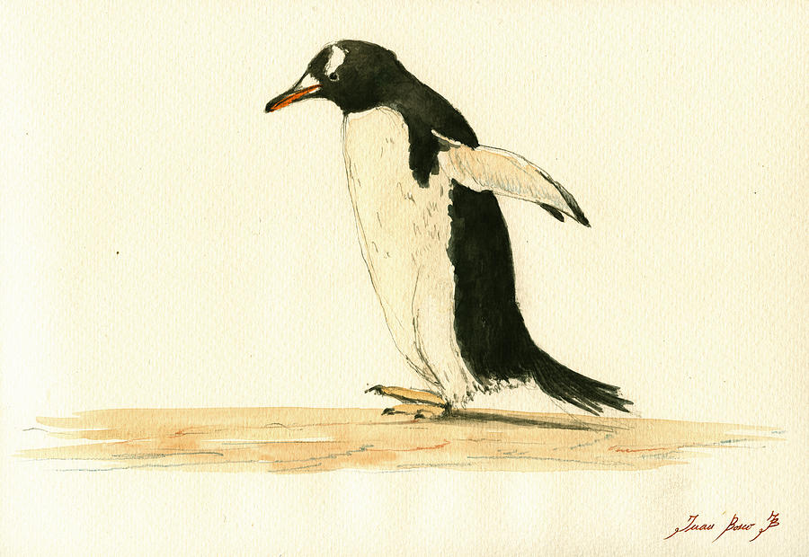 Penguin Watercolor Painting - Penguin walking by Juan  Bosco