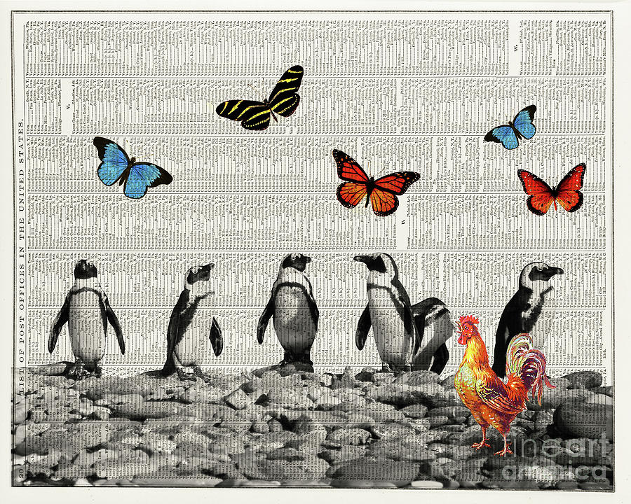 Penguins and butterflies vintage collage Mixed Media by Delphimages Photo Creations