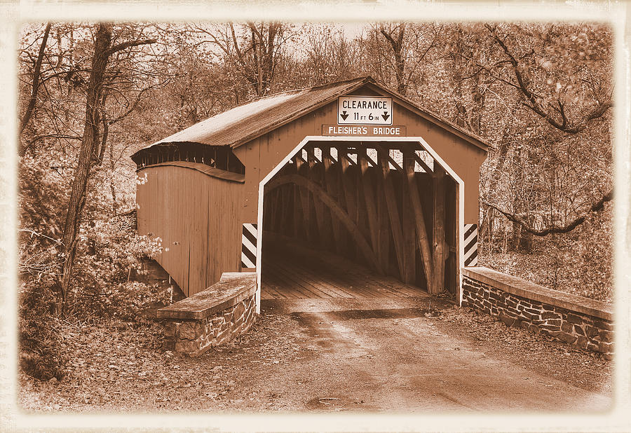 Pennsylvania Country Roads - Fleishers Covered Bridge Over Big Buffalo Creek Sepia - Perry County Photograph by Michael Mazaika