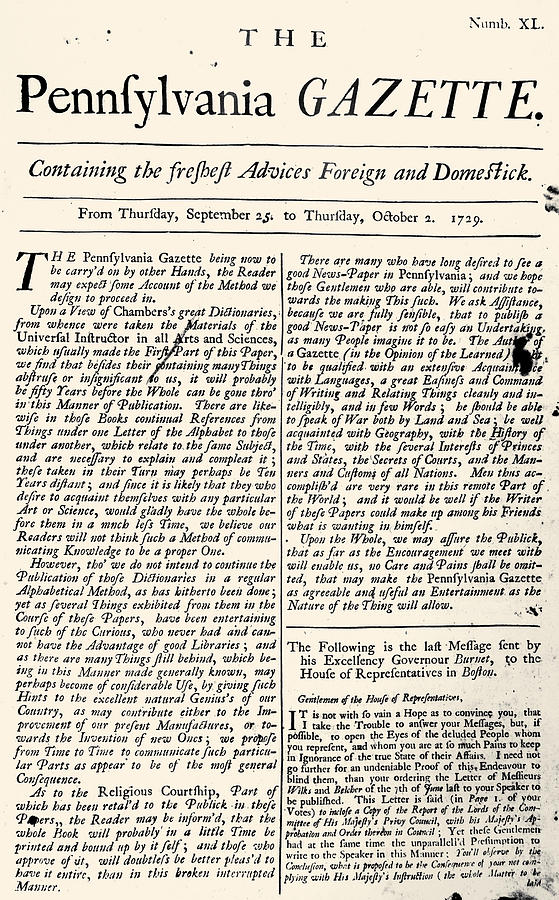 Pennsylvania Gazette, 1729 Photograph by Granger