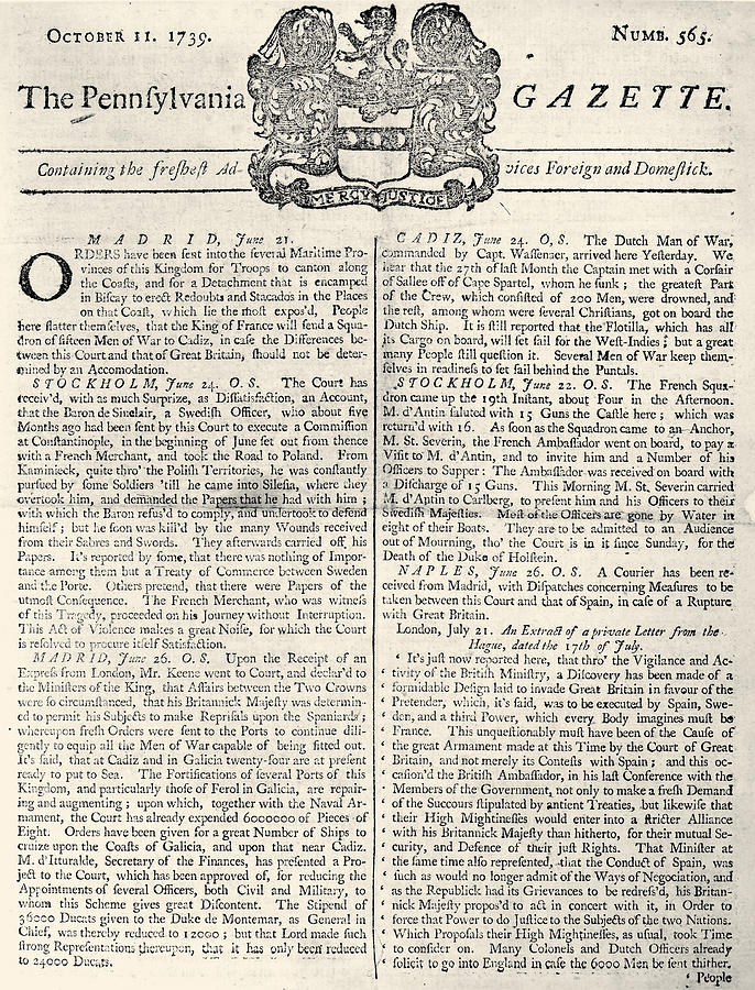 Pennsylvania Gazette, 1739 Photograph by Granger
