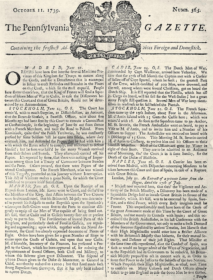 Pennsylvania Gazette, 1739 Photograph By Granger | Fine Art America