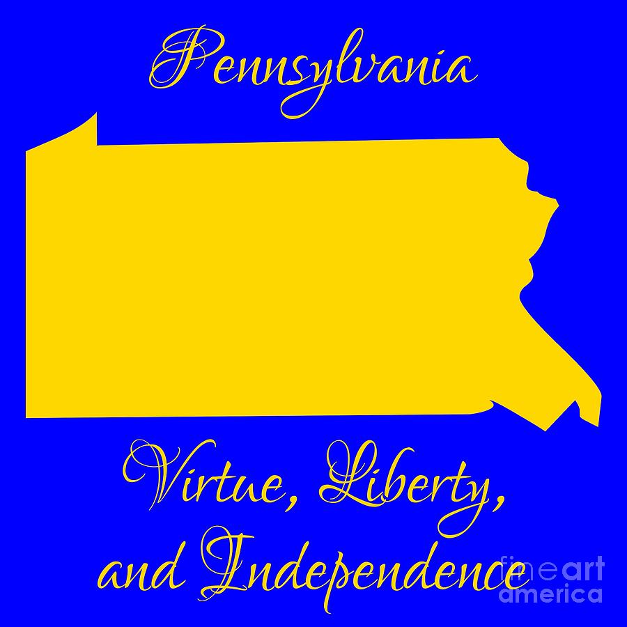 Pennsylvania Map in State Colors Blue and Gold with State Motto Virtue Liberty and Independence Digital Art by Rose Santuci-Sofranko