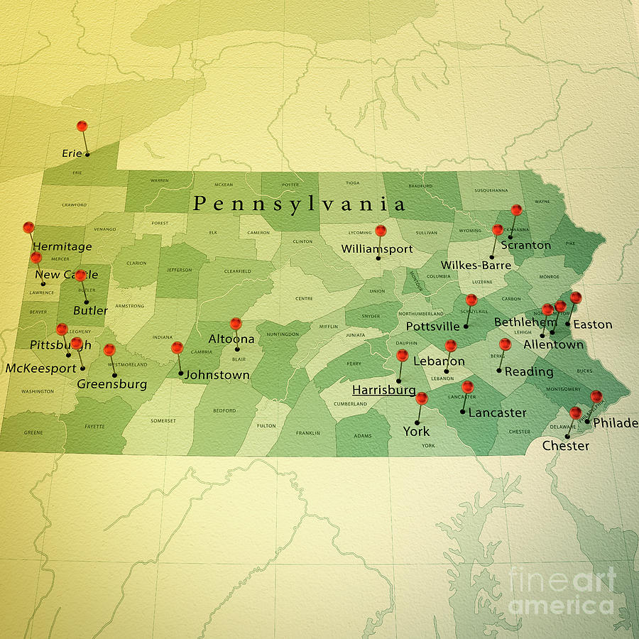 Pennsylvania Map Square Cities Straight Pin Vintage Digital Art by Frank Ramspott