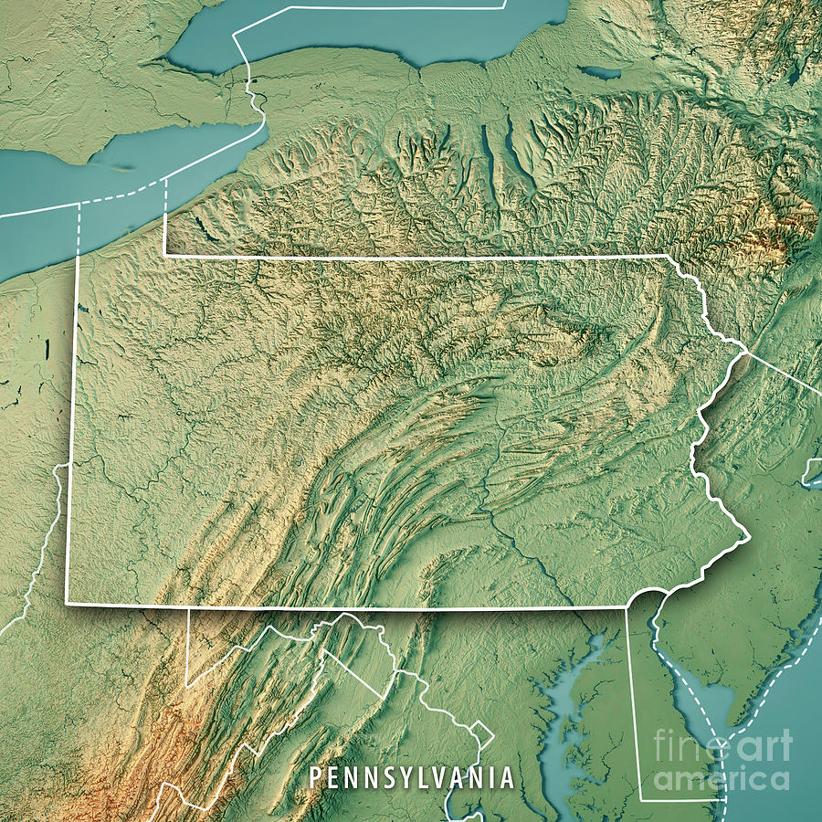 Map Digital Art - Pennsylvania State USA 3D Render Topographic Map Border by Frank Ramspott