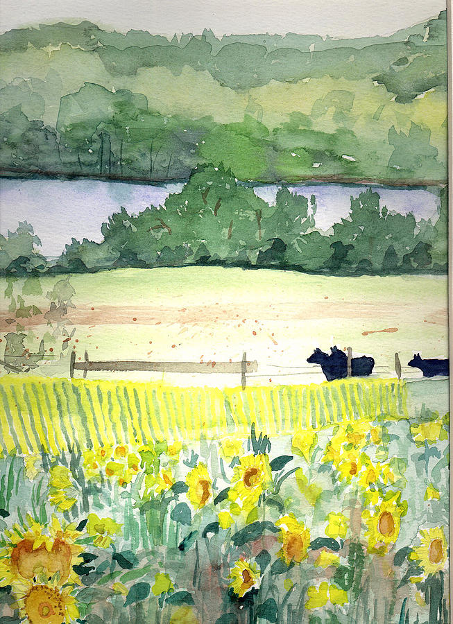 Pennsylvania - Sunflowers by the Lake Painting by Christine Lathrop