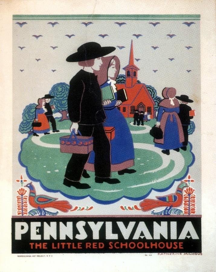 Pennsylvania - The Little Red Schoolhouse - Retro Travel Poster - Vintage Poster Mixed Media