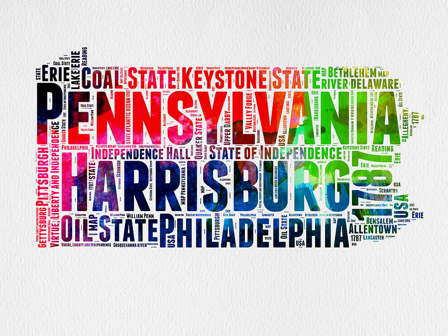 Pennsylvania Map Digital Art - Pennsylvania Watercolor Word Cloud Map  by Naxart Studio