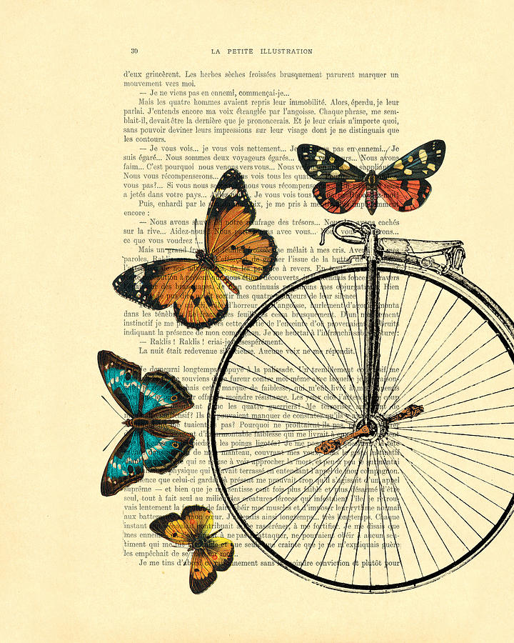 Vintage Digital Art - Penny farthing with butterflies by Madame Memento