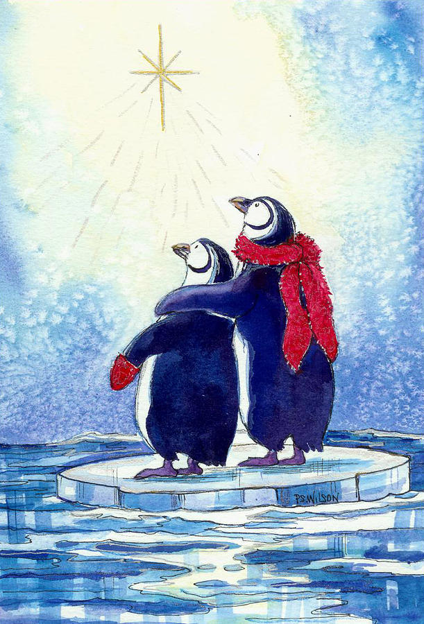 Penguin Painting - Penquins an Christmas Star by Peggy Wilson