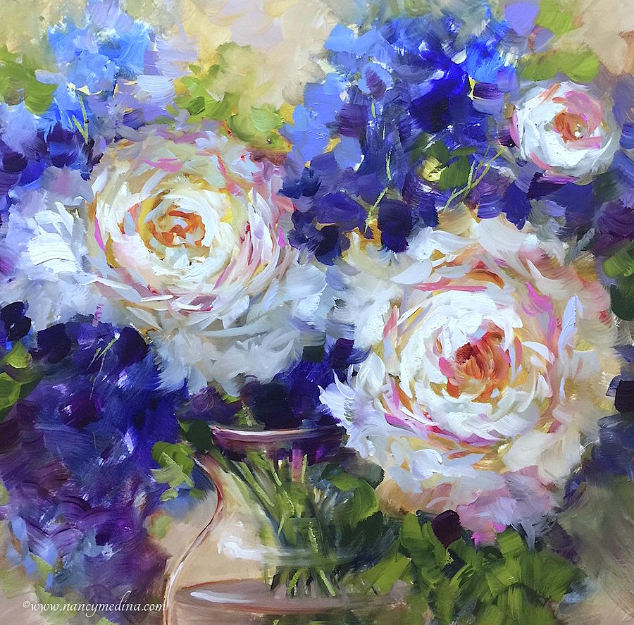 Peonies And Delphs Adrift Painting by Nancy Medina