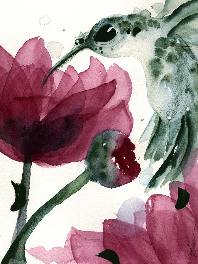 Peonies and Hummer Painting by Dawn Derman