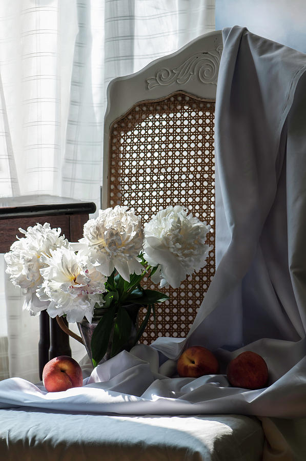 Peonies and Peaches on the Old Chair  Photograph by Maggie Terlecki