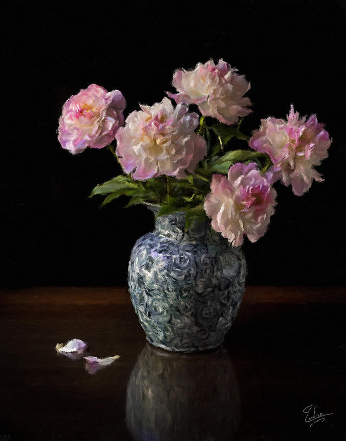 Peonies In A Blue Vase Faux Oil Photograph by Endre Balogh