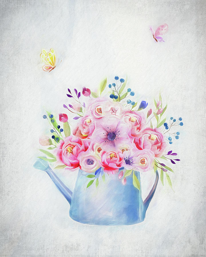 Peonies in a Watering Can Painting by Michelle Whitmore