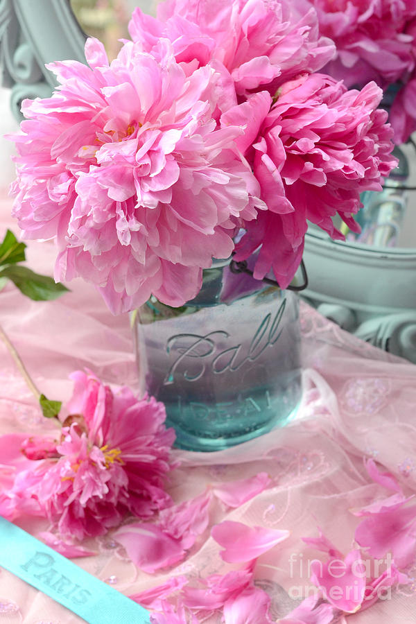 Peonies Aqua Mason Jar - Summer Garden Peonies Ball Jar - Romantic Peonies Aqua Pink Decor Photograph by Kathy Fornal