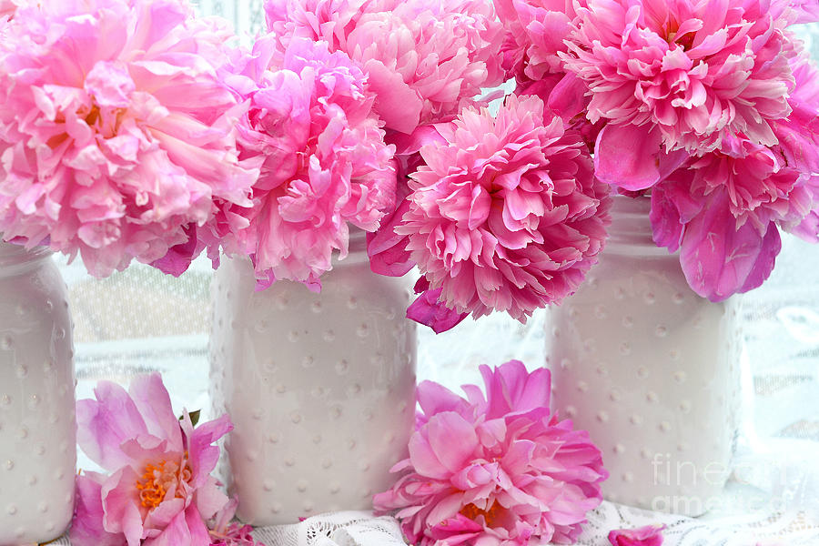 Cottage Photograph - Peonies In White Mason Jars - Romantic Bright Pink Peonies  by Kathy Fornal