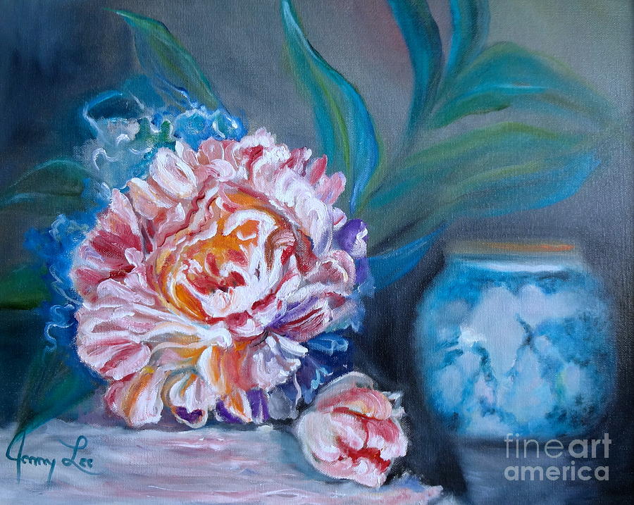Peony and chinese Vase Painting by Jenny Lee