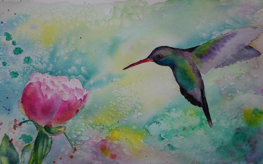 Peony and hummingbird Painting by Ruth Kamenev