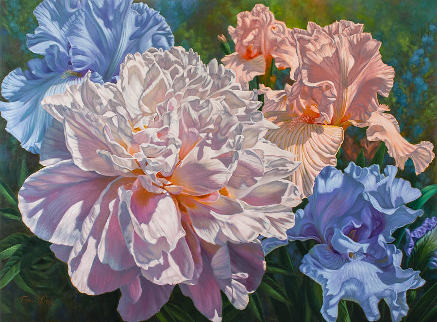 Iris Painting - Peony and Irises by Fiona Craig